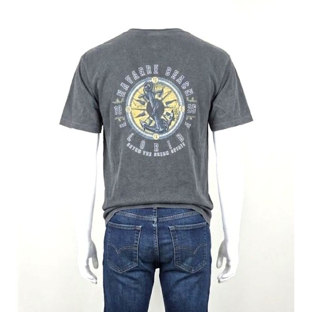 Florida Graphic T Shirt Navarre Beach Sz. L Men's DK. Gray Cotton Coastal
